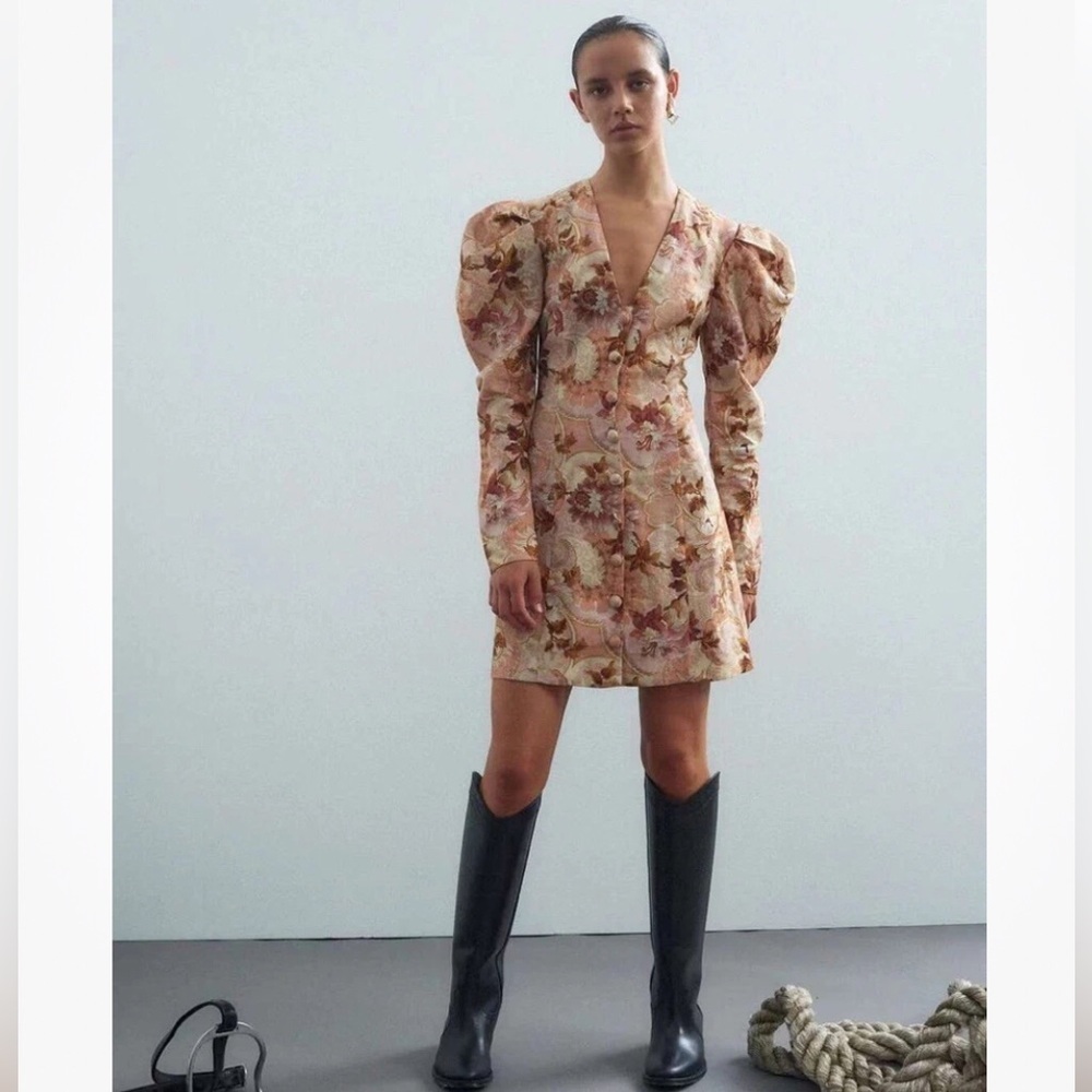 ALÉMAIS Deep V Puff sleeve 100% linen floral Aline mini dress Size UK 6 or US 2